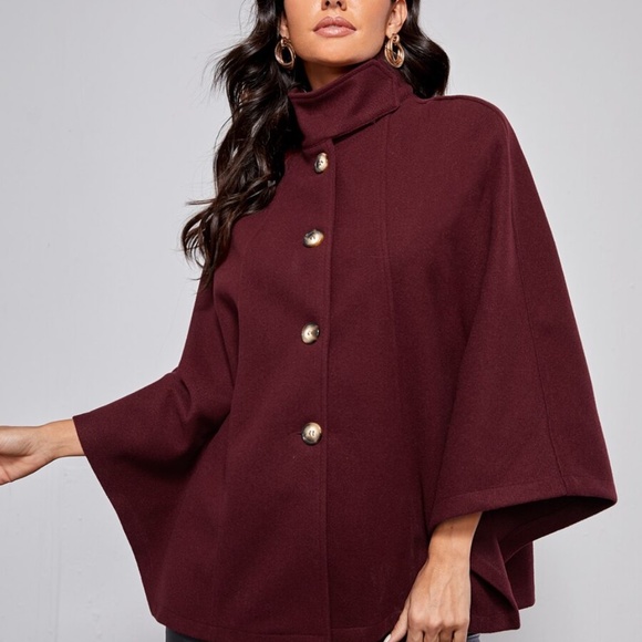 Jackets & Blazers - mock neck button cape pea coat cloak sleeve wine